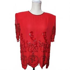 VINTAGE RED/SEQUIN/BEADED M OLEG CASSINI BLOUSE‎ TOP Medium Scalloped Hem